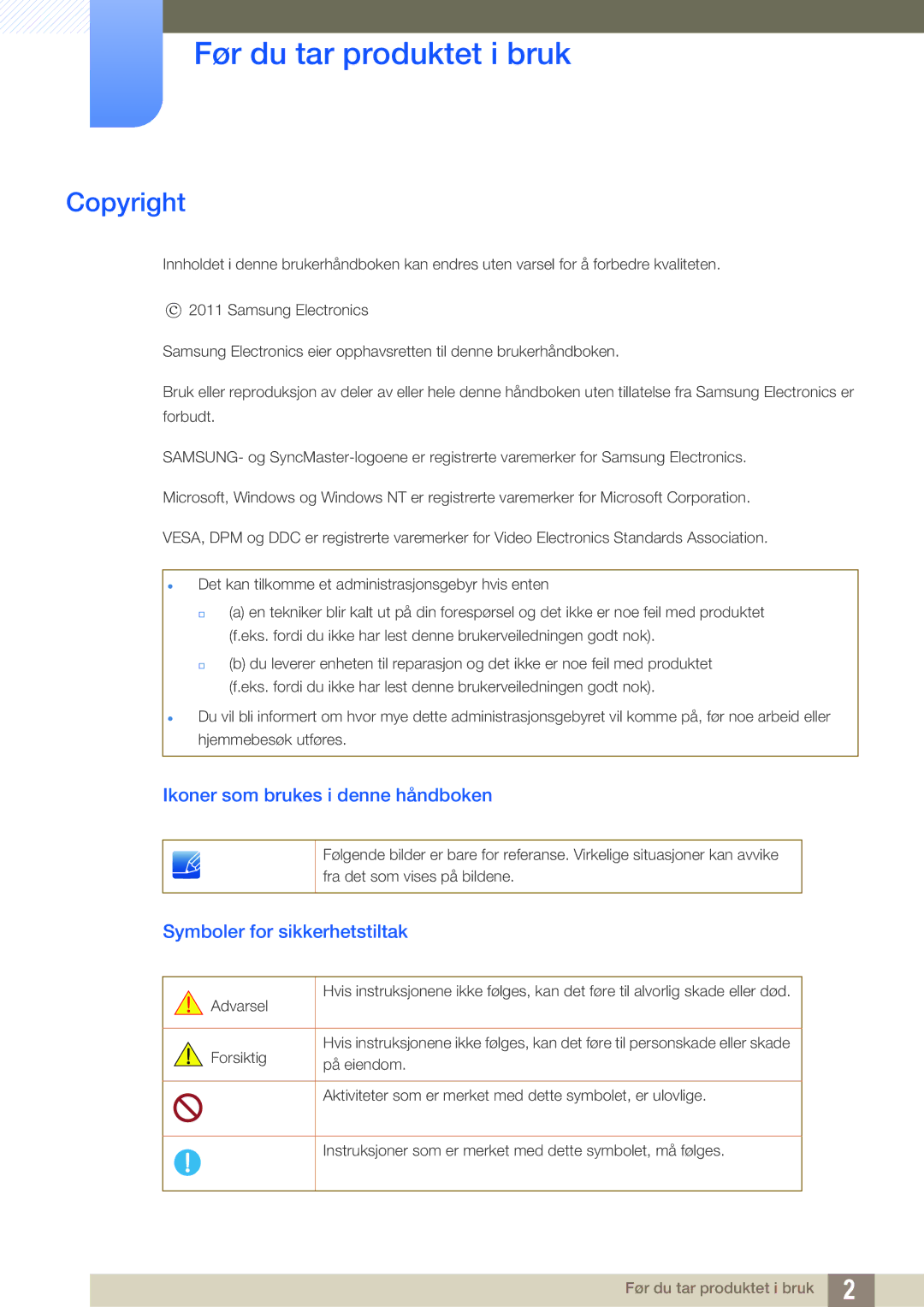 Samsung LC23A750XS/EN, LC27A750XS/EN manual Før du tar produktet i bruk, Copyright, Ikoner som brukes i denne håndboken 