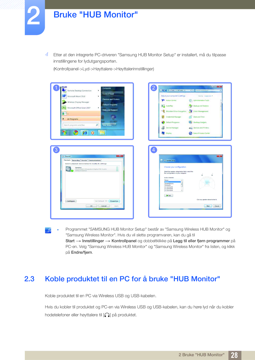 Samsung LC23A750XS/EN, LC27A750XS/EN manual Koble produktet til en PC for å bruke HUB Monitor 