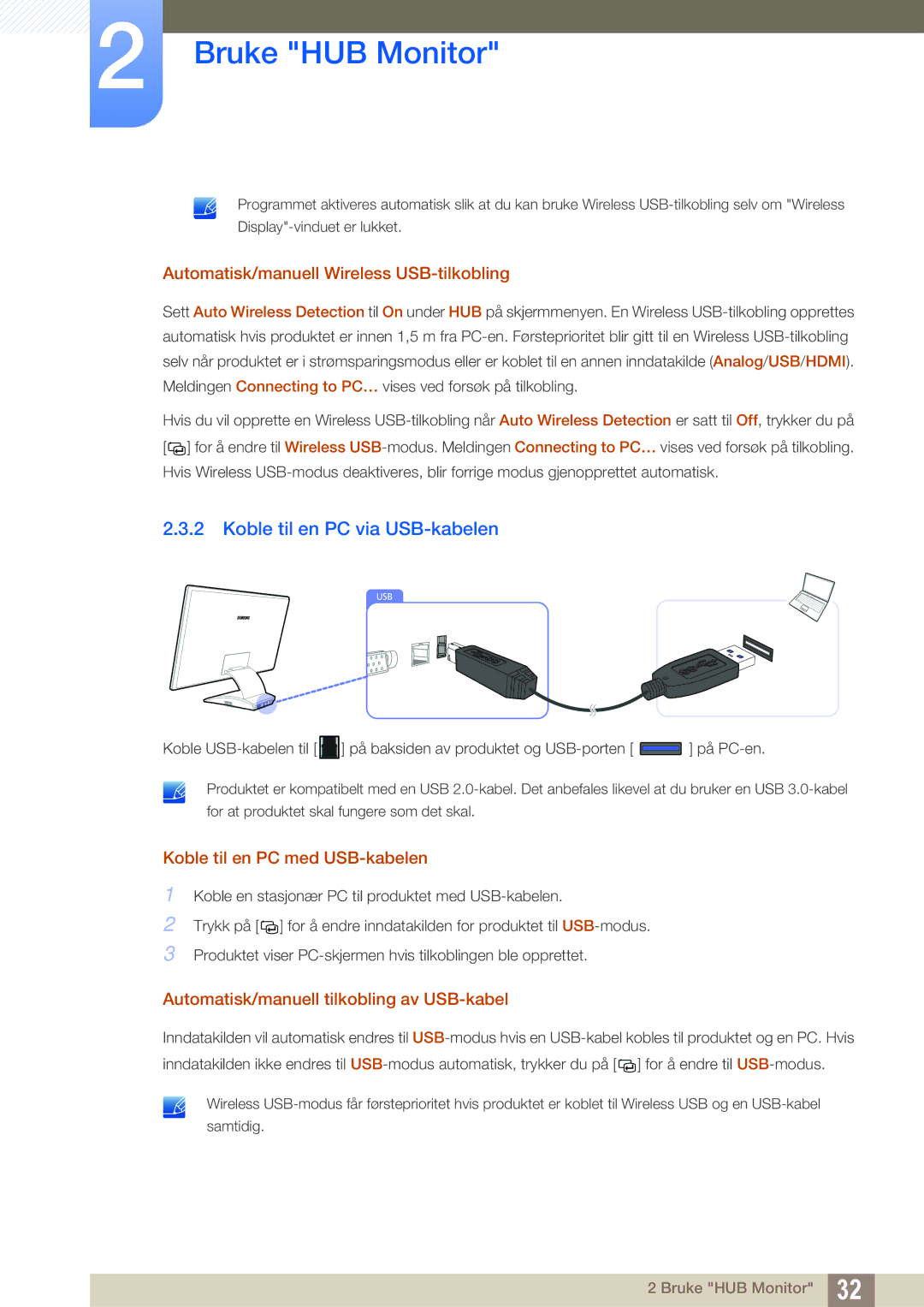 Samsung LC23A750XS/EN, LC27A750XS/EN manual Koble til en PC via USB-kabelen, Automatisk/manuell Wireless USB-tilkobling 