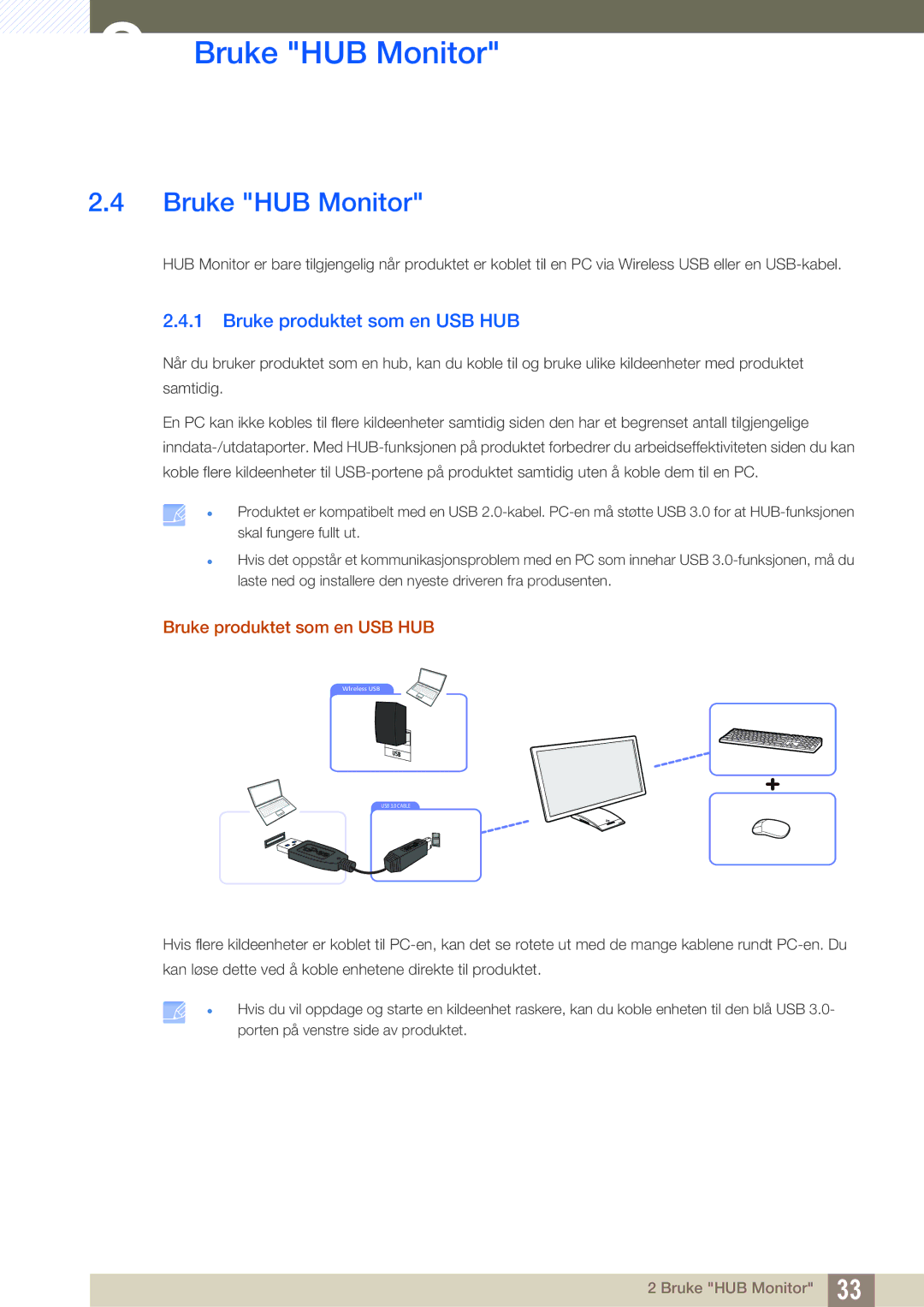 Samsung LC27A750XS/EN, LC23A750XS/EN manual Bruke HUB Monitor, Bruke produktet som en USB HUB 