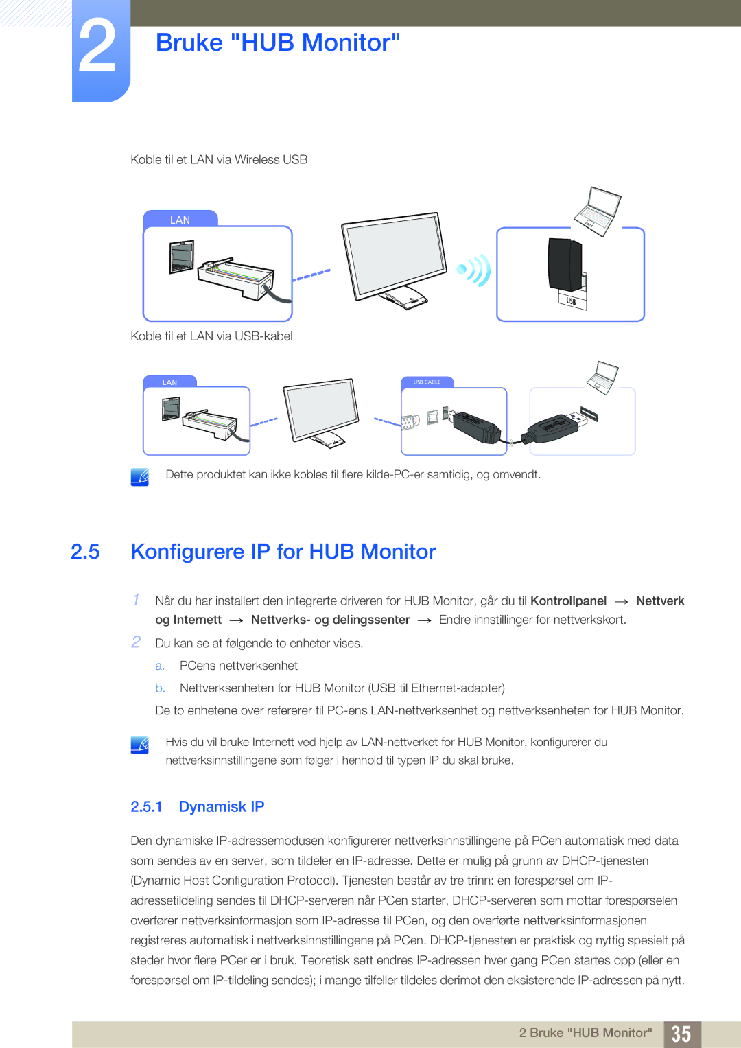 Samsung LC27A750XS/EN, LC23A750XS/EN manual Konfigurere IP for HUB Monitor, Dynamisk IP 