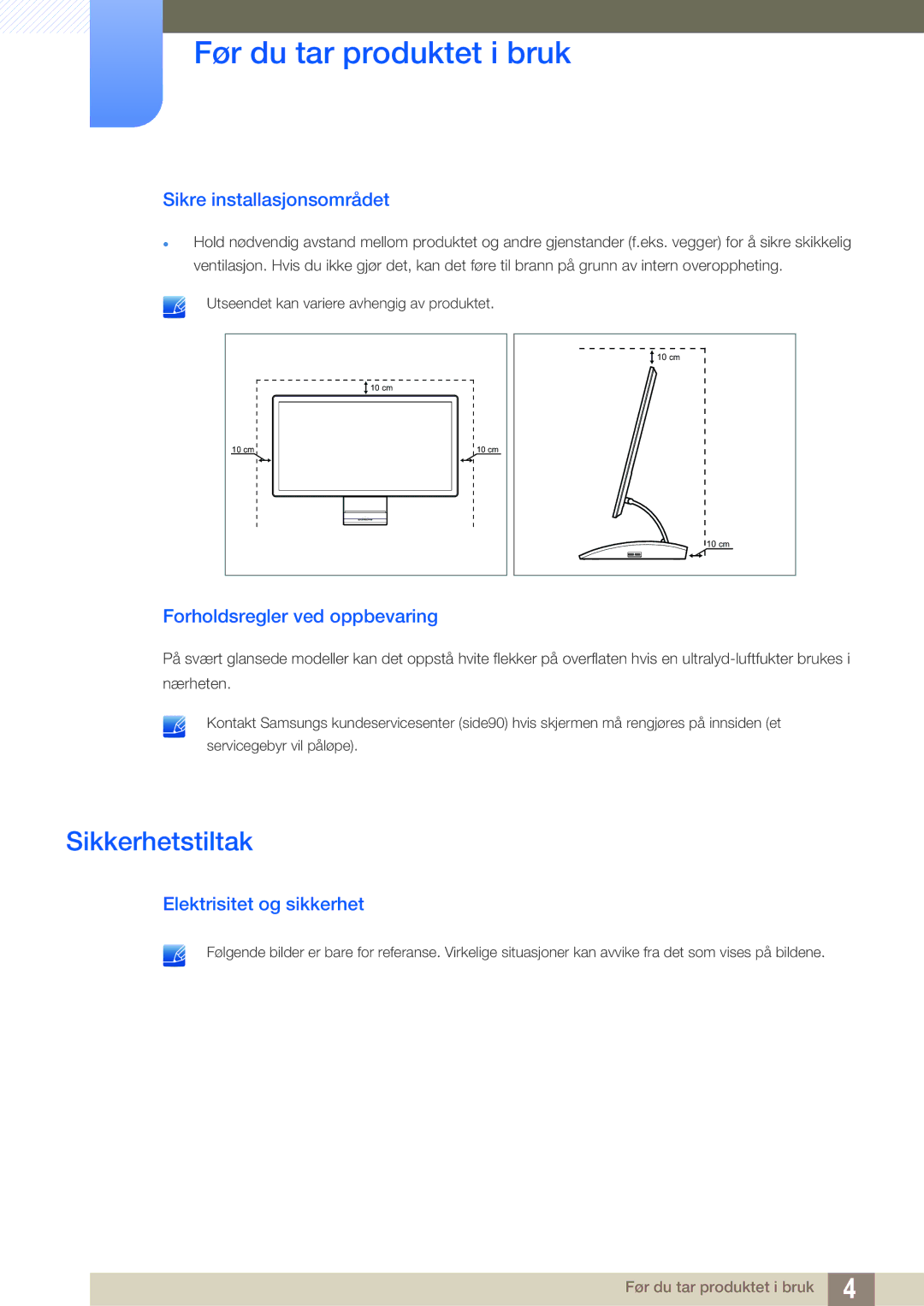 Samsung LC23A750XS/EN, LC27A750XS/EN manual Sikkerhetstiltak, Sikre installasjonsområdet, Forholdsregler ved oppbevaring 