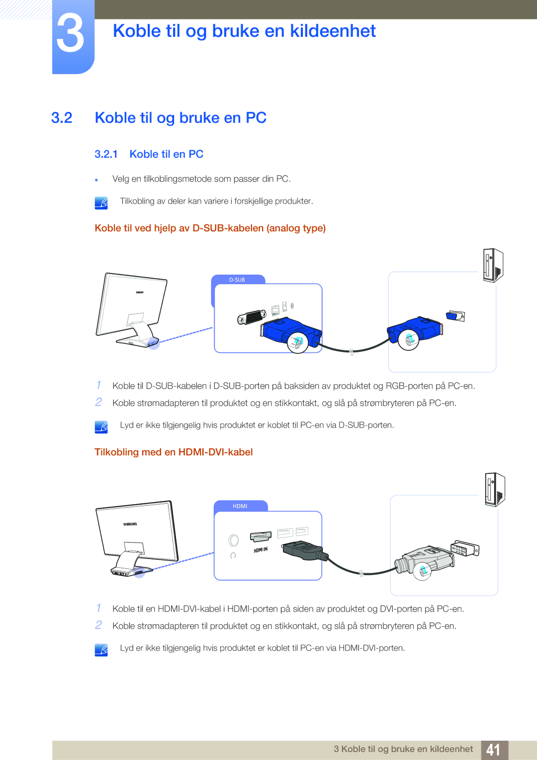 Samsung LC27A750XS/EN manual Koble til og bruke en PC, Koble til en PC, Koble til ved hjelp av D-SUB-kabelen analog type 