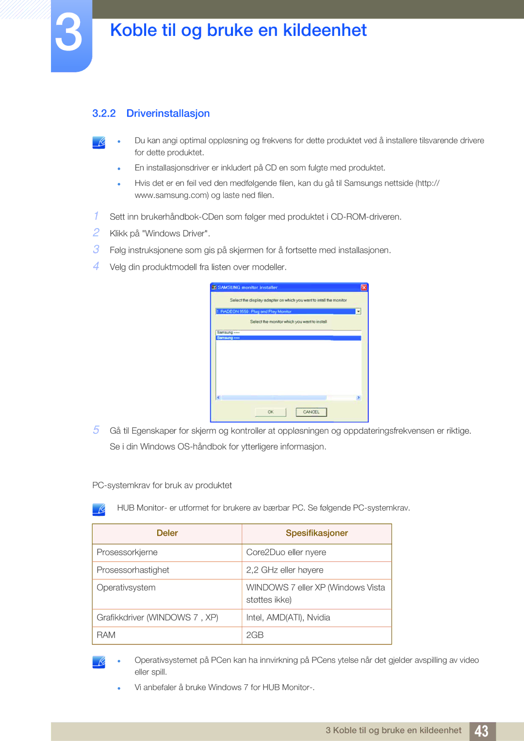 Samsung LC27A750XS/EN, LC23A750XS/EN manual Driverinstallasjon, Deler Spesifikasjoner 