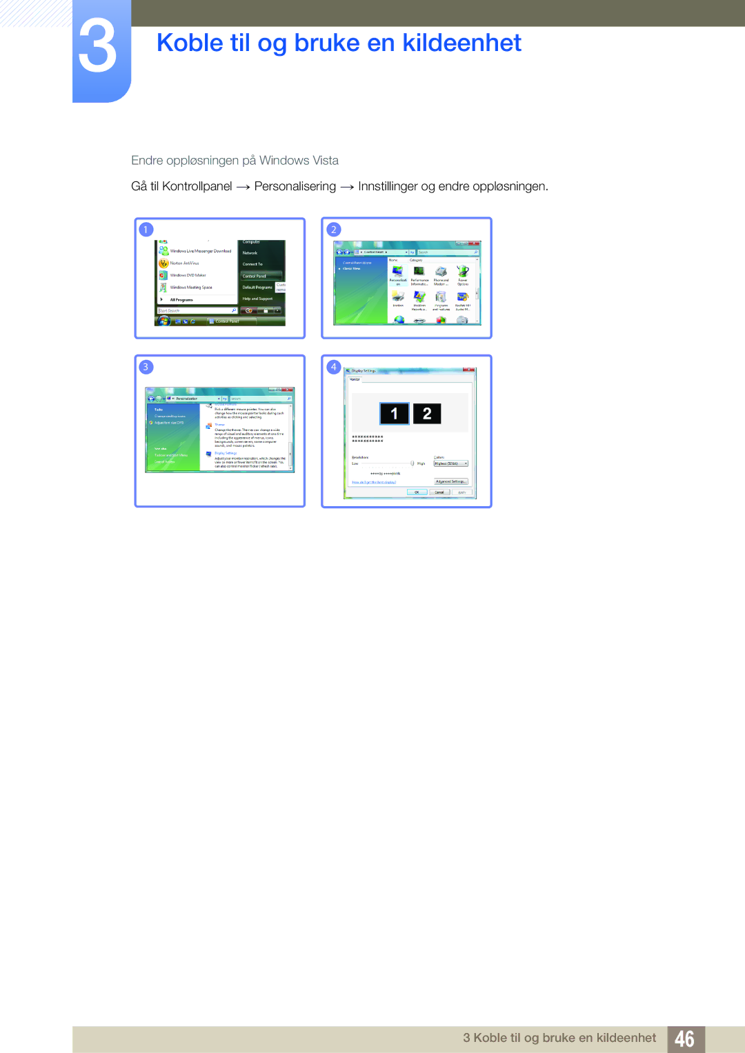 Samsung LC23A750XS/EN, LC27A750XS/EN manual Endre oppløsningen på Windows Vista 