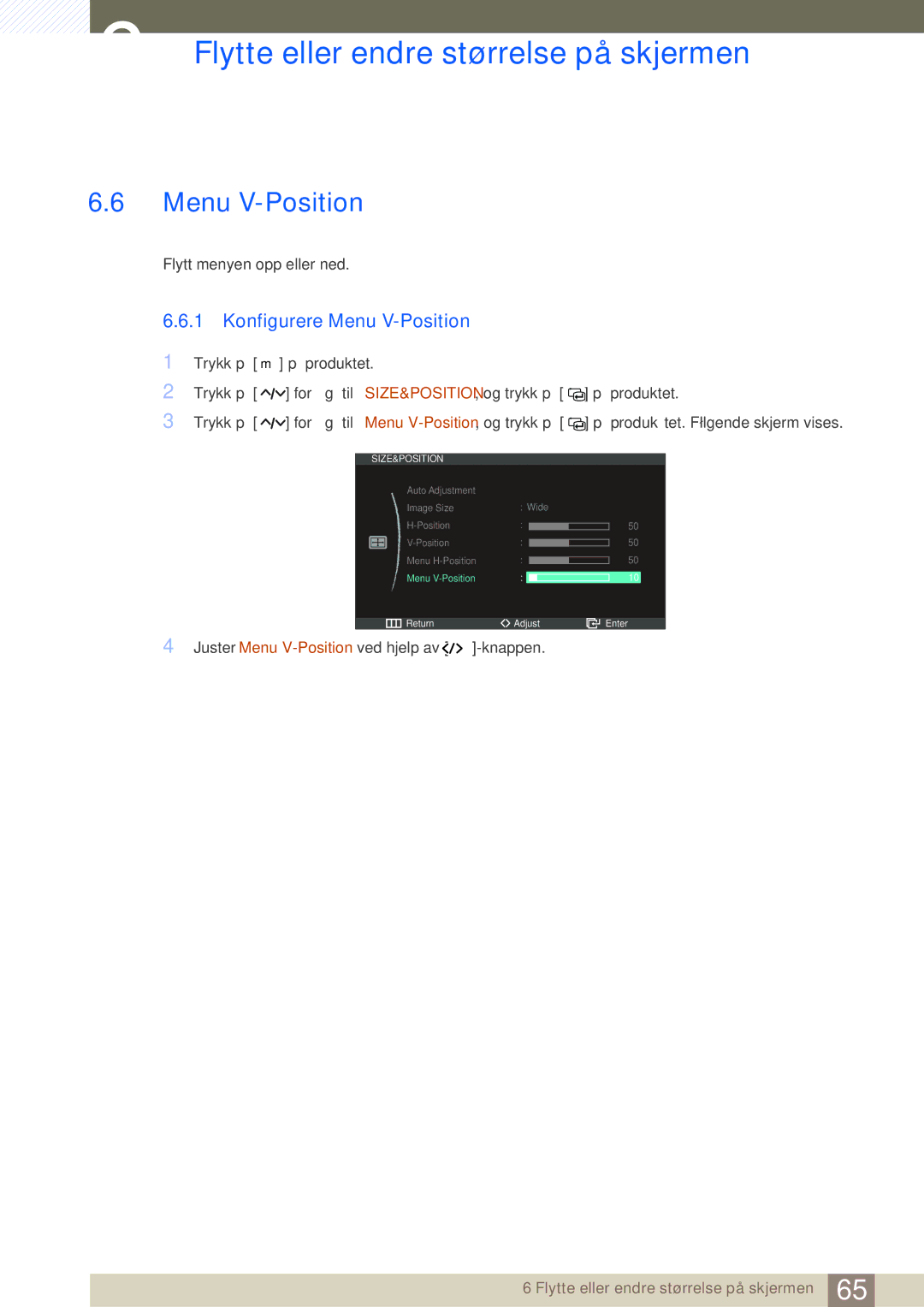 Samsung LC27A750XS/EN, LC23A750XS/EN manual Konfigurere Menu V-Position 