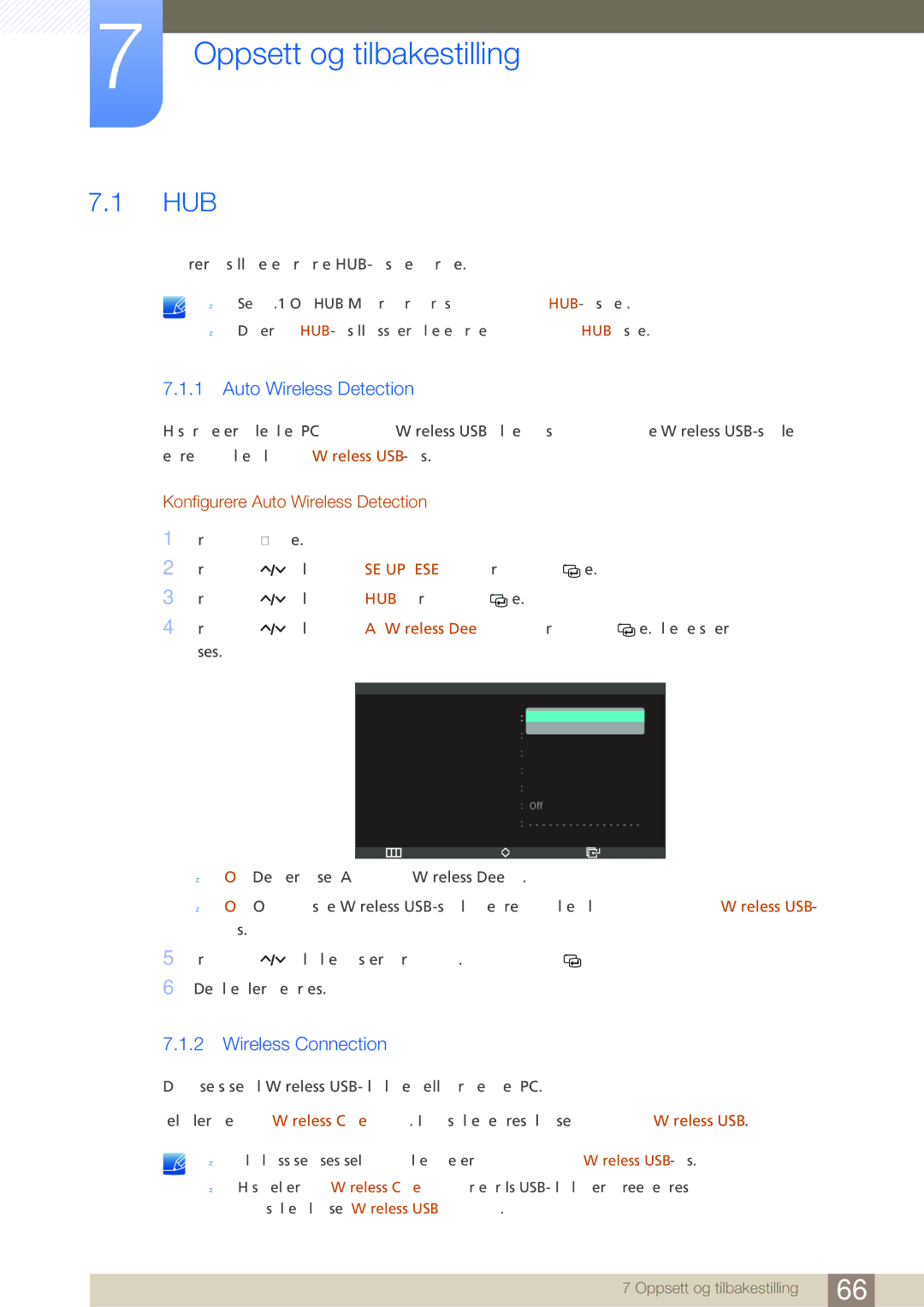 Samsung LC23A750XS/EN, LC27A750XS/EN manual Oppsett og tilbakestilling, Hub, Auto Wireless Detection, Wireless Connection 