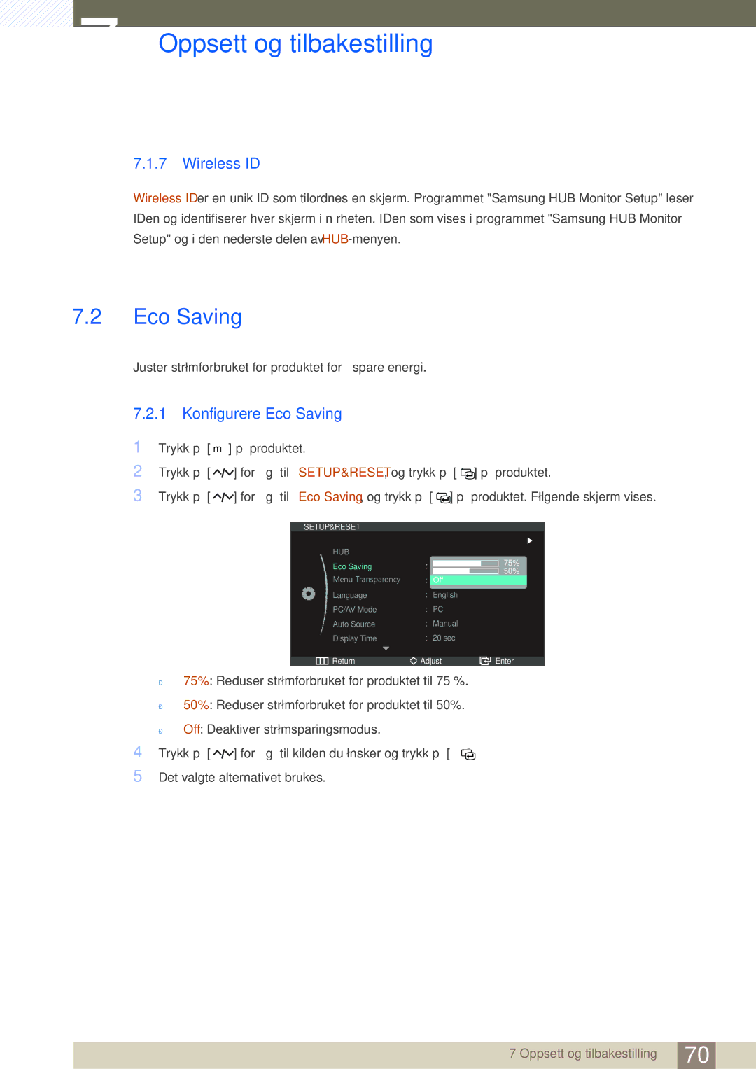 Samsung LC23A750XS/EN, LC27A750XS/EN manual Wireless ID, Konfigurere Eco Saving 