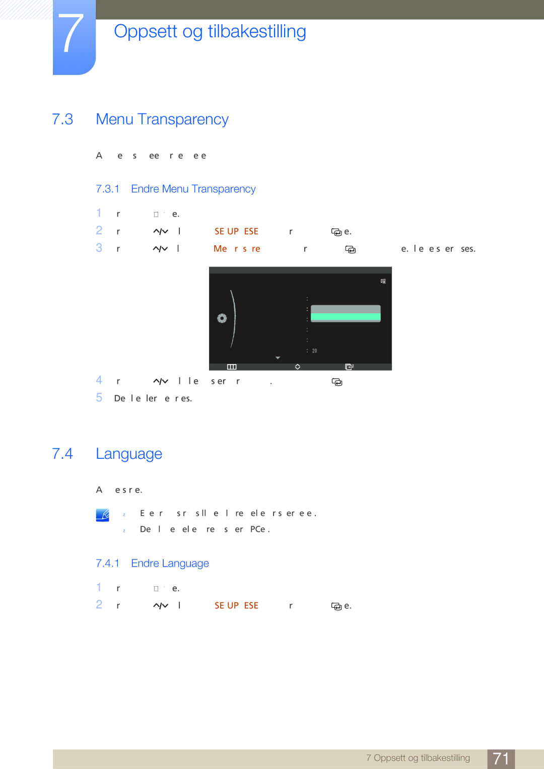 Samsung LC27A750XS/EN, LC23A750XS/EN manual Endre Menu Transparency, Endre Language 