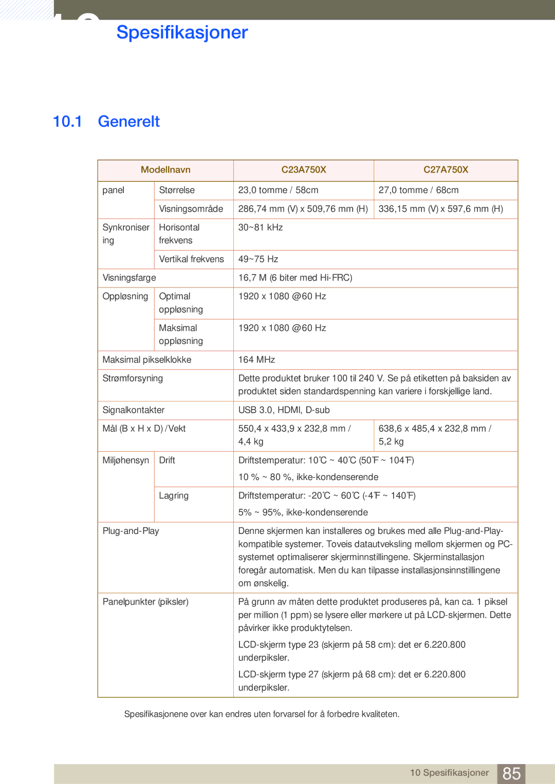 Samsung LC27A750XS/EN, LC23A750XS/EN manual Spesifikasjoner, Generelt 