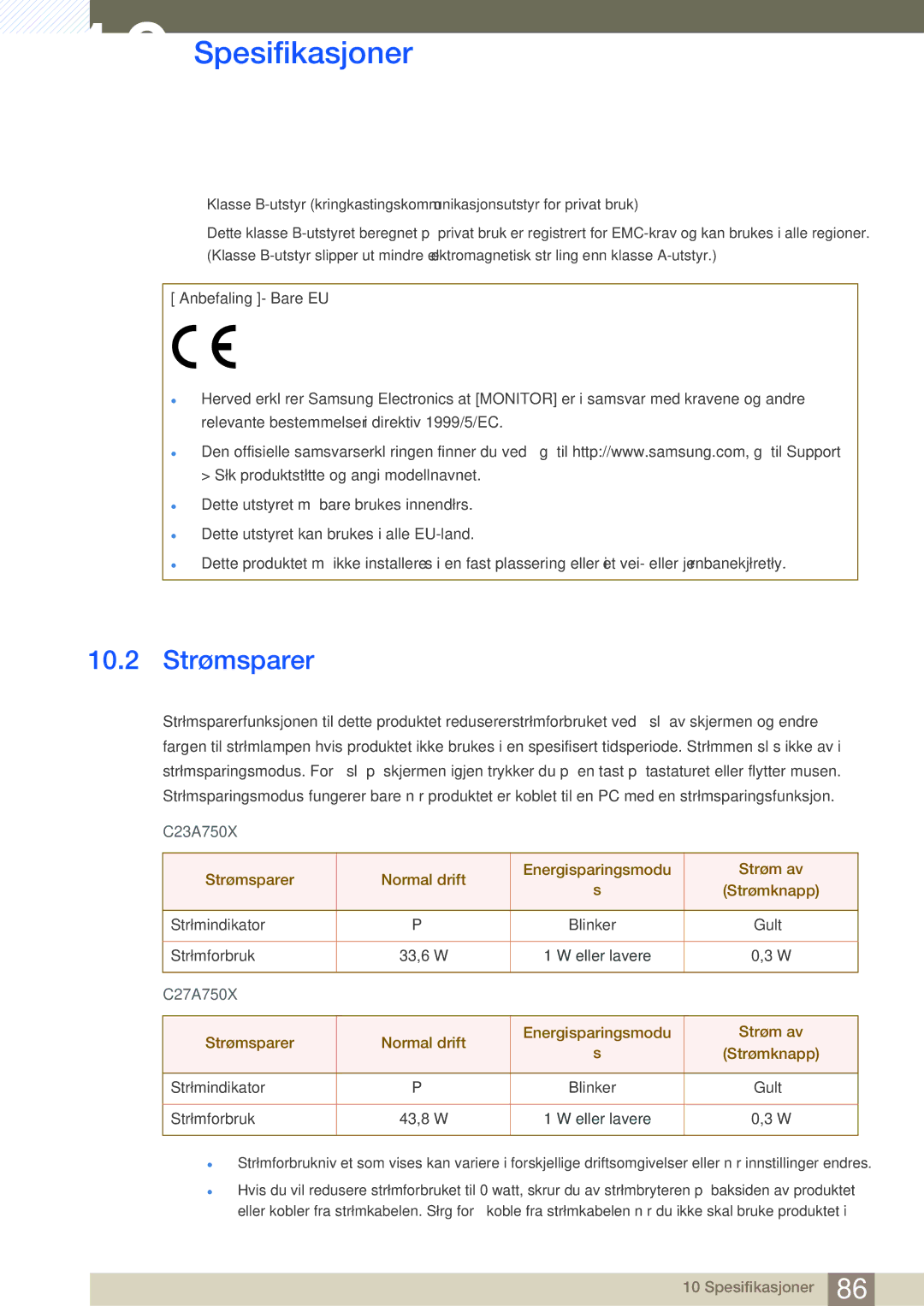 Samsung LC23A750XS/EN, LC27A750XS/EN manual 10.2 Strømsparer 