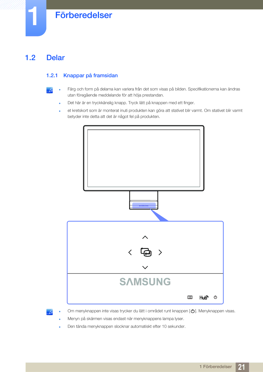 Samsung LC27A750XS/EN, LC23A750XS/EN manual Delar, Knappar på framsidan 