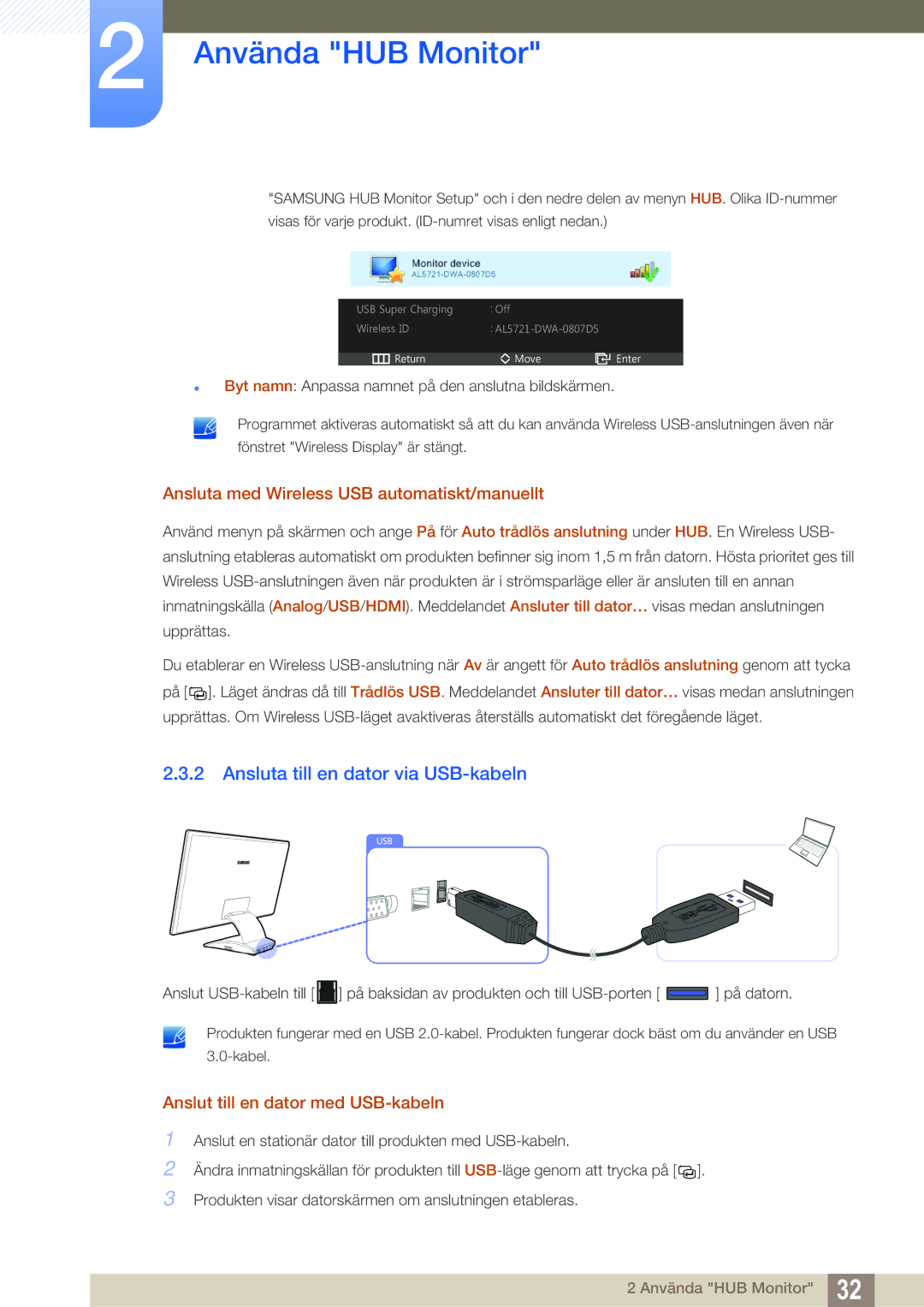 Samsung LC23A750XS/EN, LC27A750XS/EN Ansluta till en dator via USB-kabeln, Ansluta med Wireless USB automatiskt/manuellt 