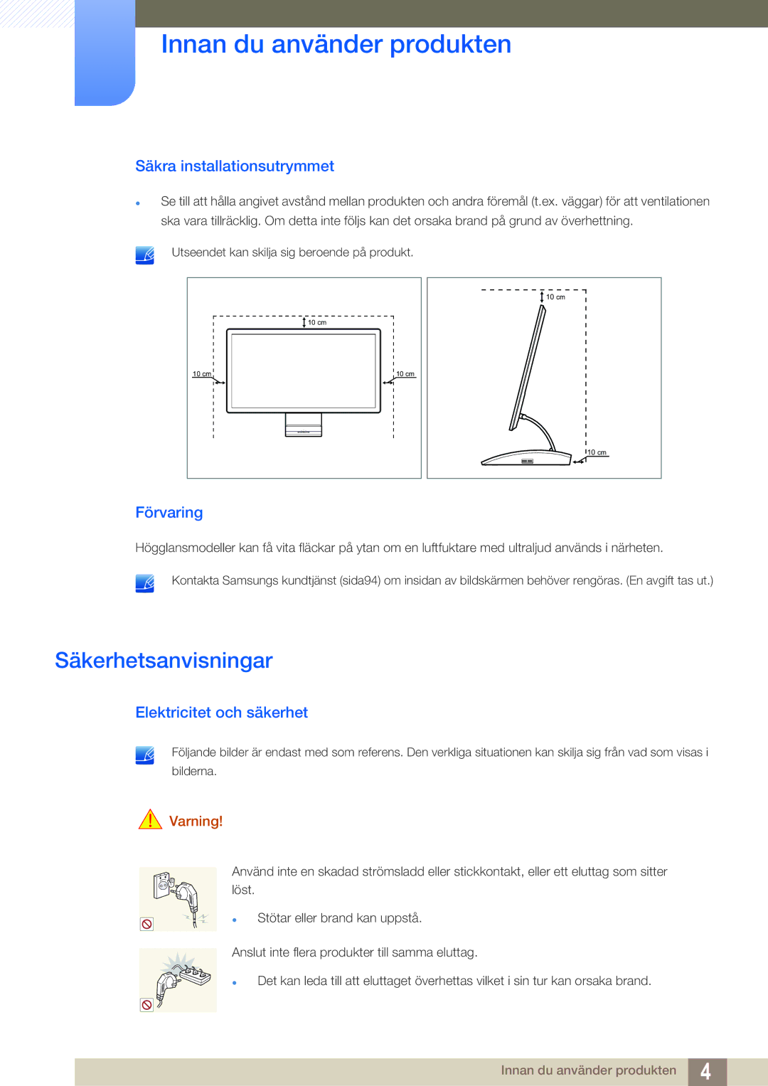 Samsung LC23A750XS/EN Säkerhetsanvisningar, Säkra installationsutrymmet, Förvaring, Elektricitet och säkerhet, Varning 