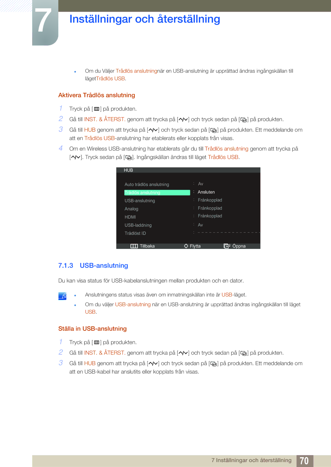 Samsung LC23A750XS/EN, LC27A750XS/EN manual Aktivera Trådlös anslutning, Ställa in USB-anslutning 