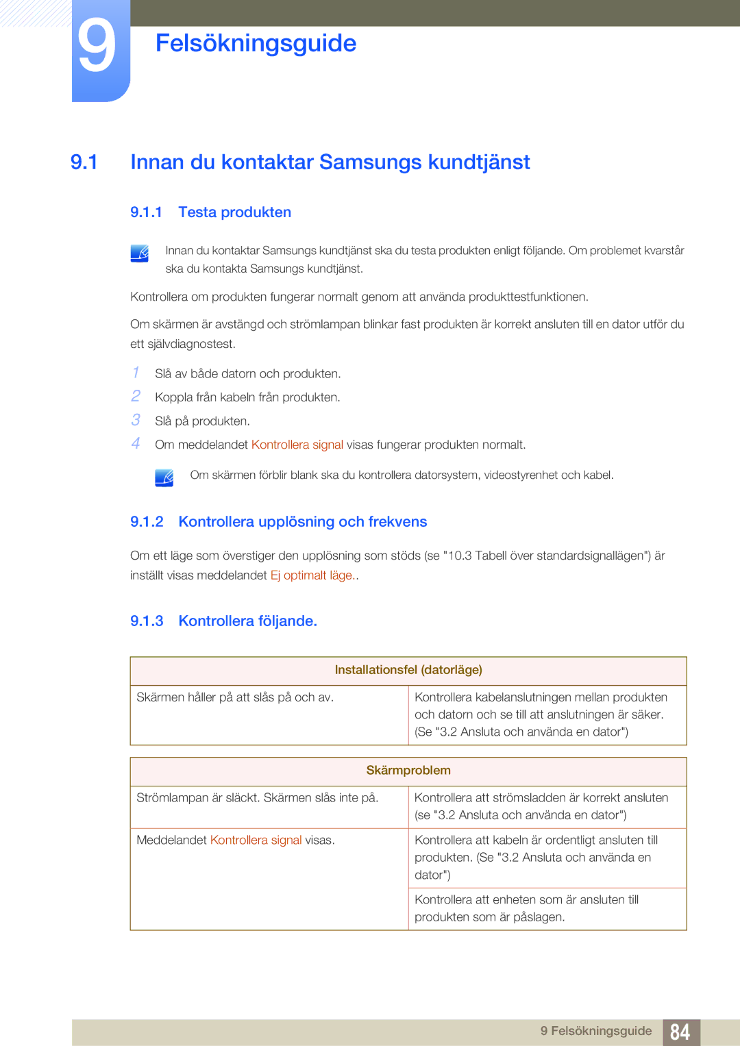 Samsung LC23A750XS/EN Felsökningsguide, Innan du kontaktar Samsungs kundtjänst, Testa produkten, Kontrollera följande 