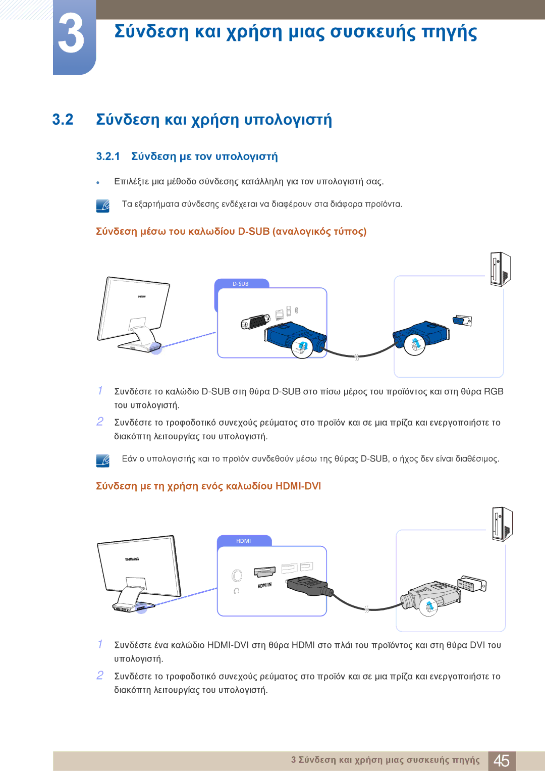 Samsung LC27A750XS/EN, LC23A750XS/EN manual Σύνδεση και χρήση υπολογιστή, 1 Σύνδεση με τον υπολογιστή 