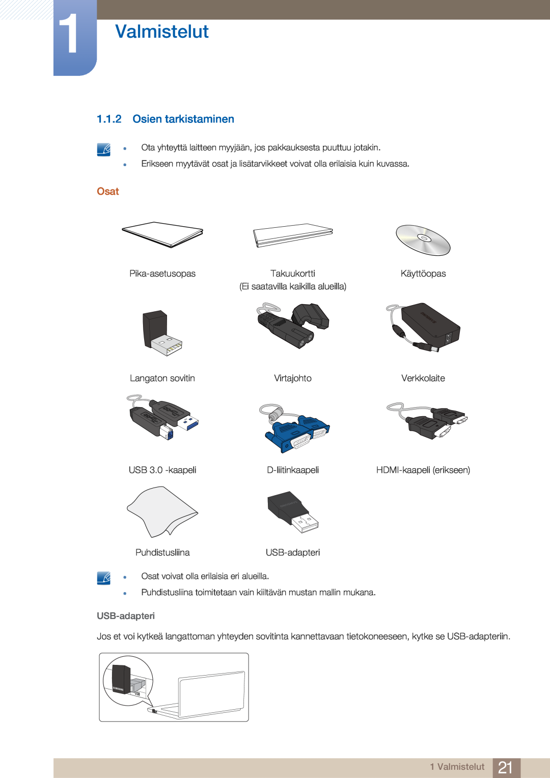 Samsung LC27A750XS/EN, LC23A750XS/EN manual Osien tarkistaminen, Valmistelut, Osat, USB-adapteri 