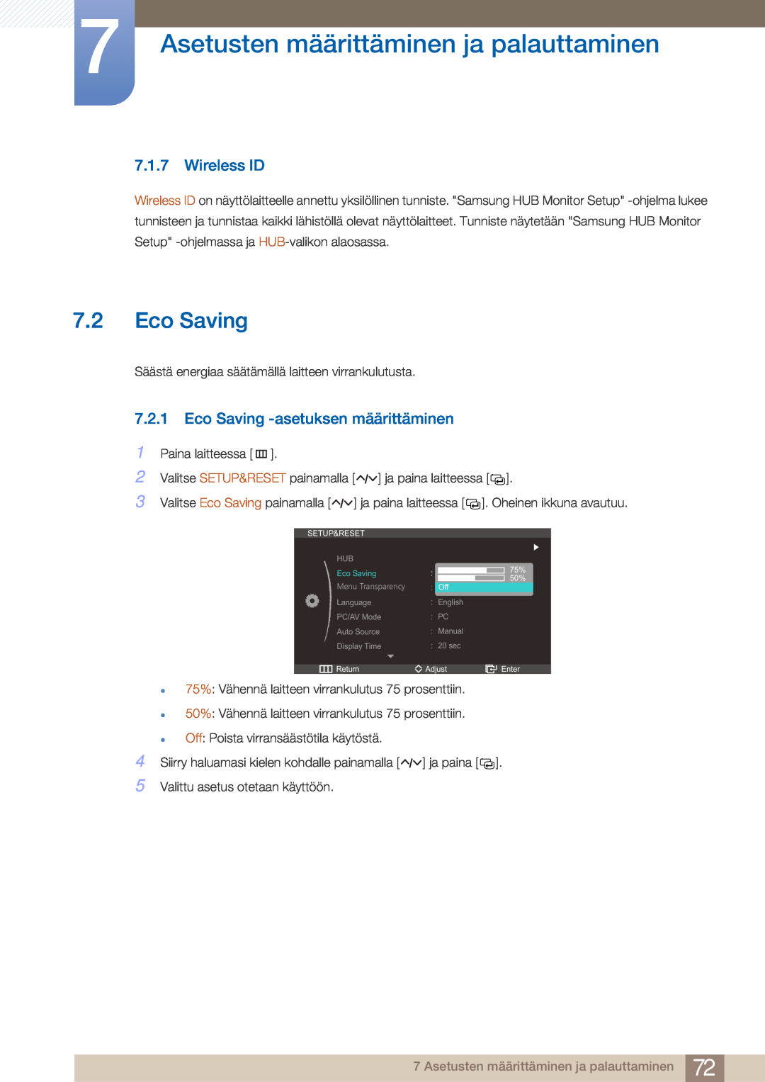 Samsung LC23A750XS/EN manual Wireless ID, Eco Saving -asetuksen määrittäminen, Asetusten määrittäminen ja palauttaminen 