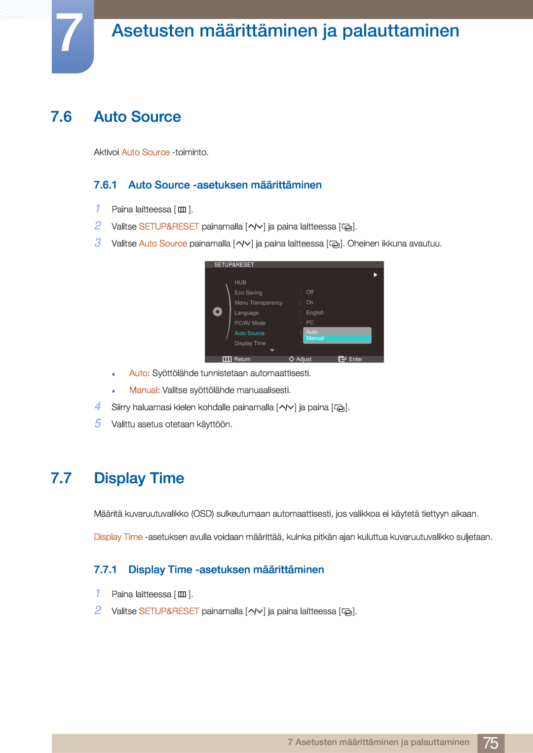 Samsung LC27A750XS/EN, LC23A750XS/EN Auto Source -asetuksen määrittäminen, Display Time -asetuksen määrittäminen 