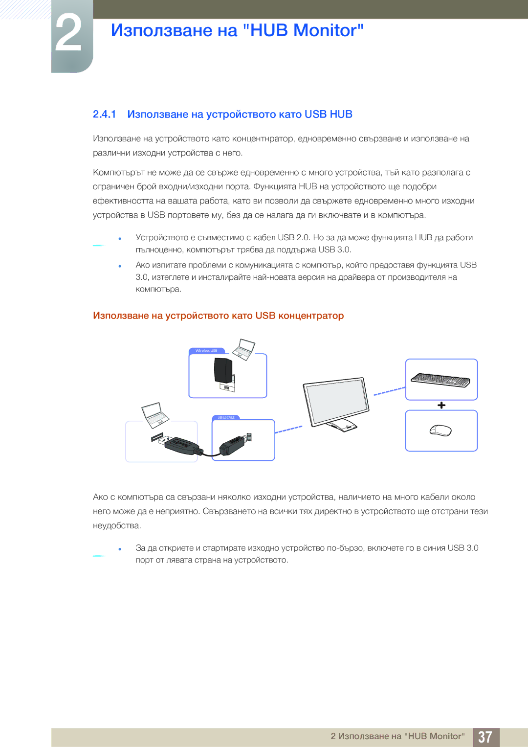 Samsung LC23A750XS/EN manual 1 Използване на устройството като USB HUB, Използване на устройството като USB концентратор 