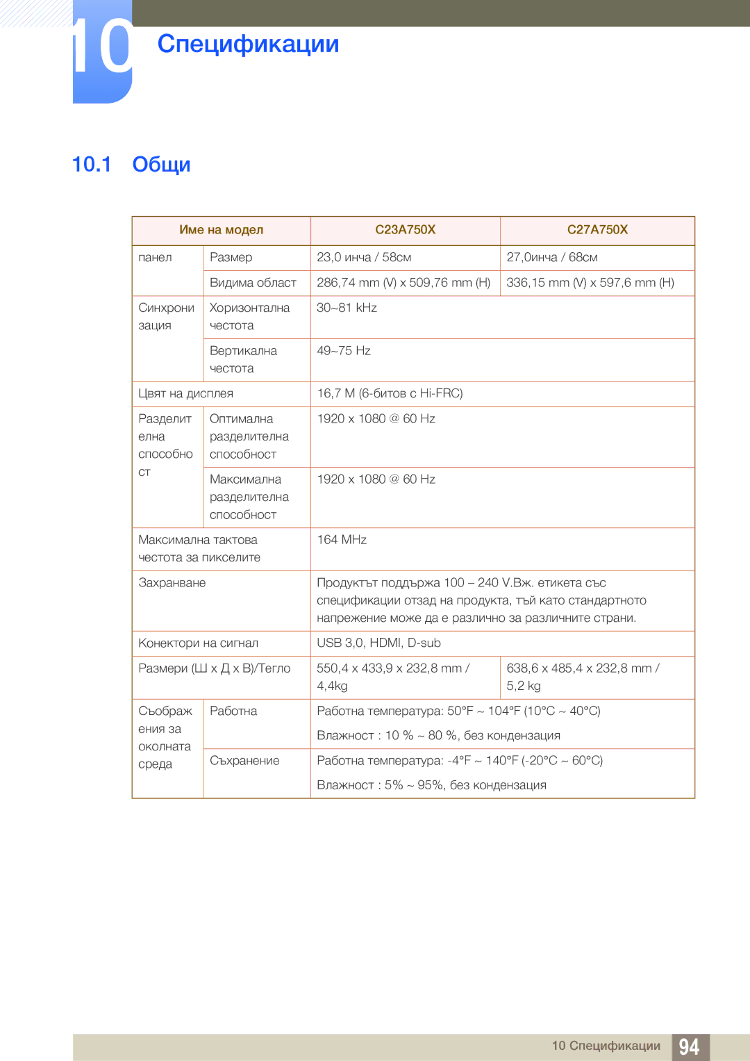 Samsung LC23A750XS/EN manual 10 Спецификации, 10.1 Общи 