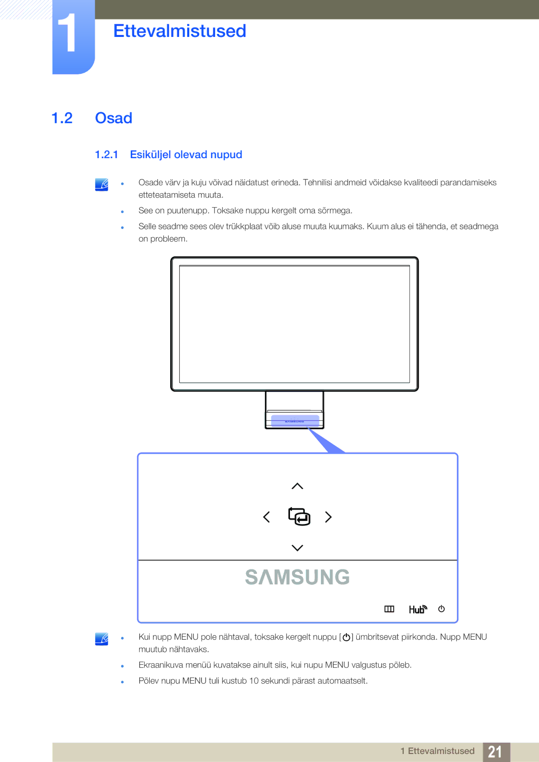 Samsung LC23A750XS/EN manual Osad, Esiküljel olevad nupud 