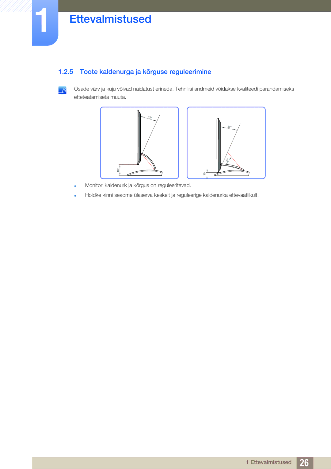 Samsung LC23A750XS/EN manual Toote kaldenurga ja kõrguse reguleerimine 