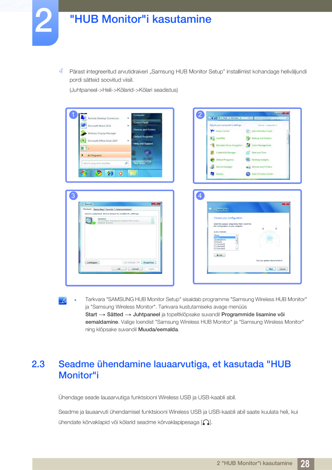 Samsung LC23A750XS/EN manual Seadme ühendamine lauaarvutiga, et kasutada HUB Monitori 