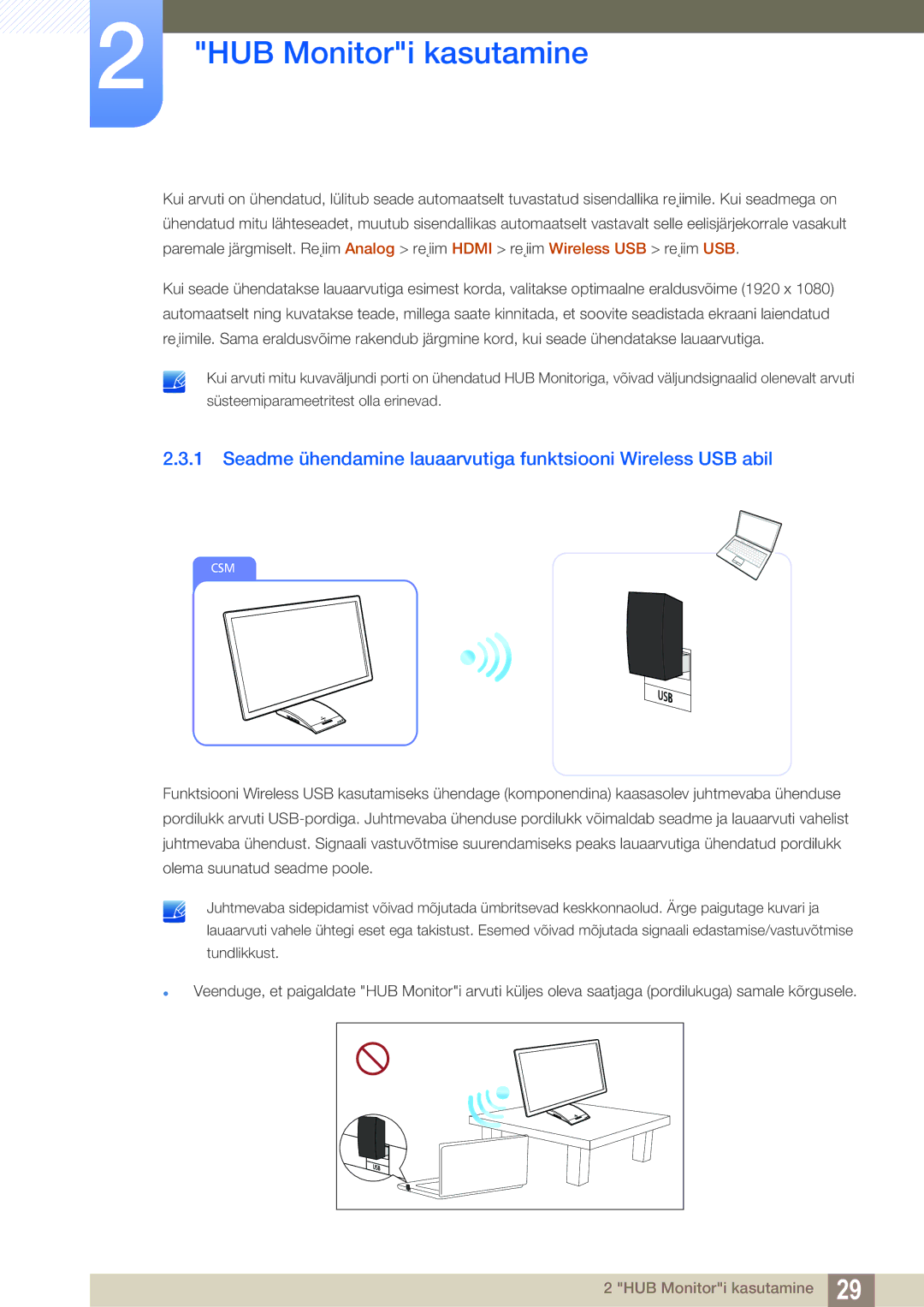 Samsung LC23A750XS/EN manual Seadme ühendamine lauaarvutiga funktsiooni Wireless USB abil 