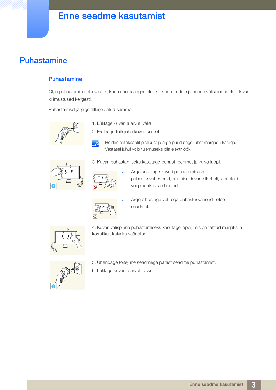 Samsung LC23A750XS/EN manual Puhastamine 