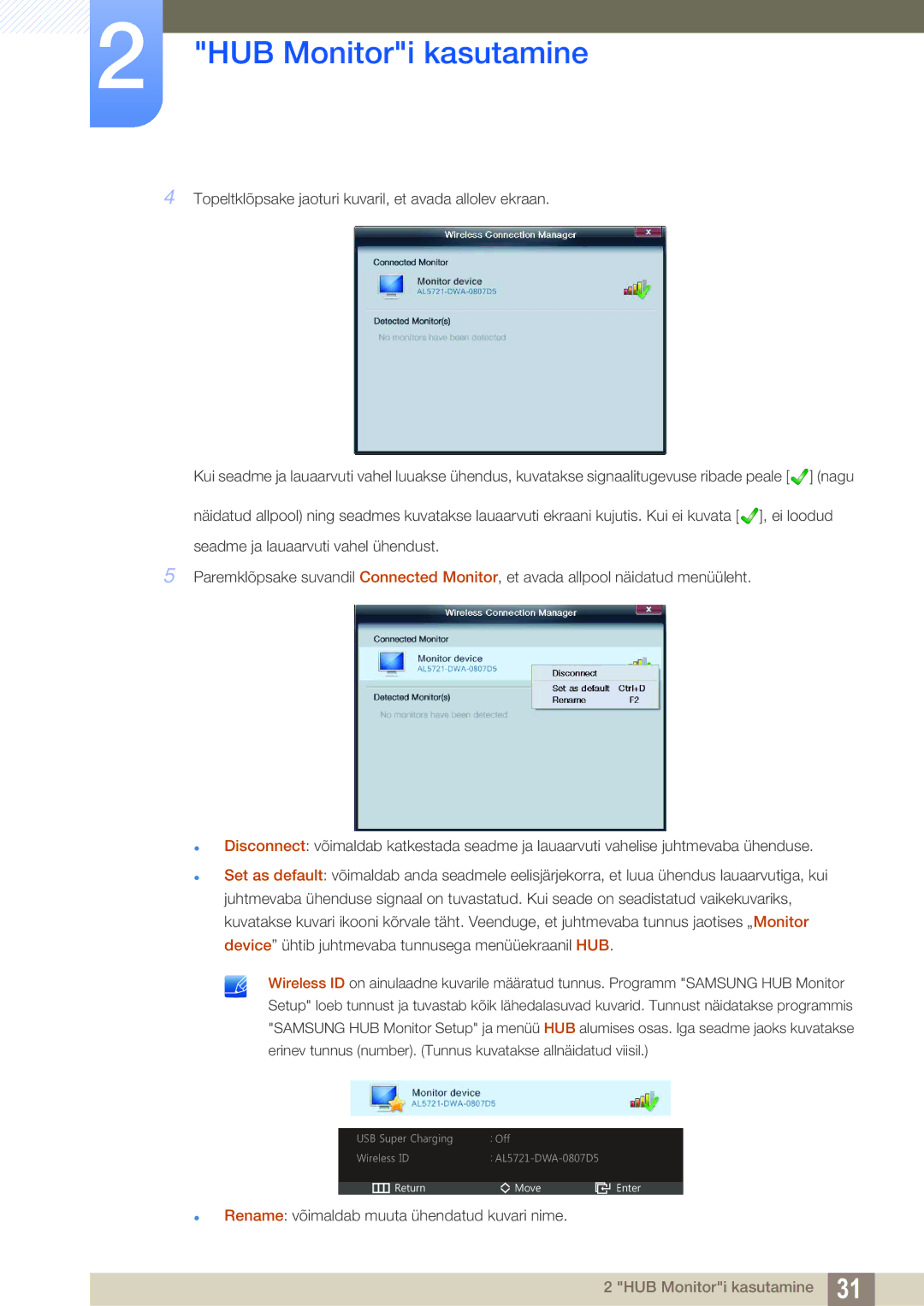 Samsung LC23A750XS/EN manual Rename võimaldab muuta ühendatud kuvari nime 