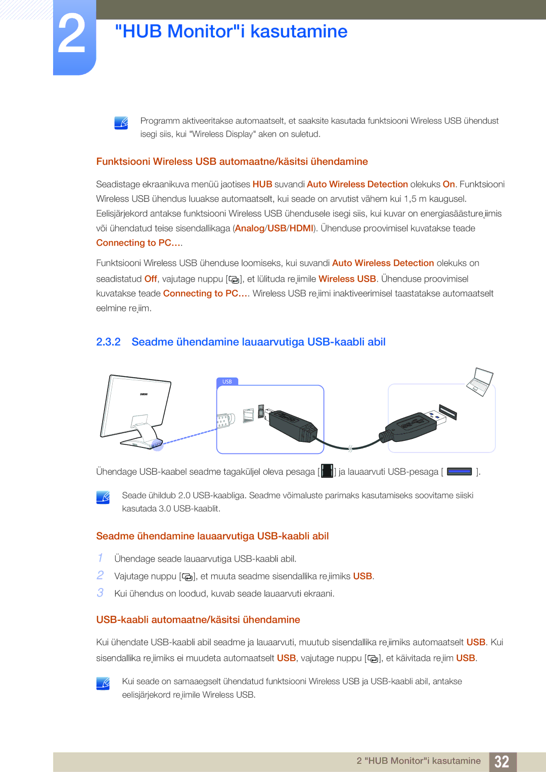 Samsung LC23A750XS/EN manual Seadme ühendamine lauaarvutiga USB-kaabli abil, USB-kaabli automaatne/käsitsi ühendamine 