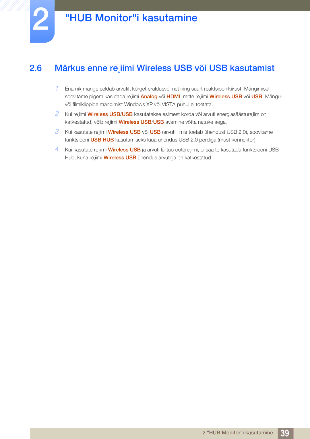 Samsung LC23A750XS/EN manual Märkus enne re˛iimi Wireless USB või USB kasutamist 