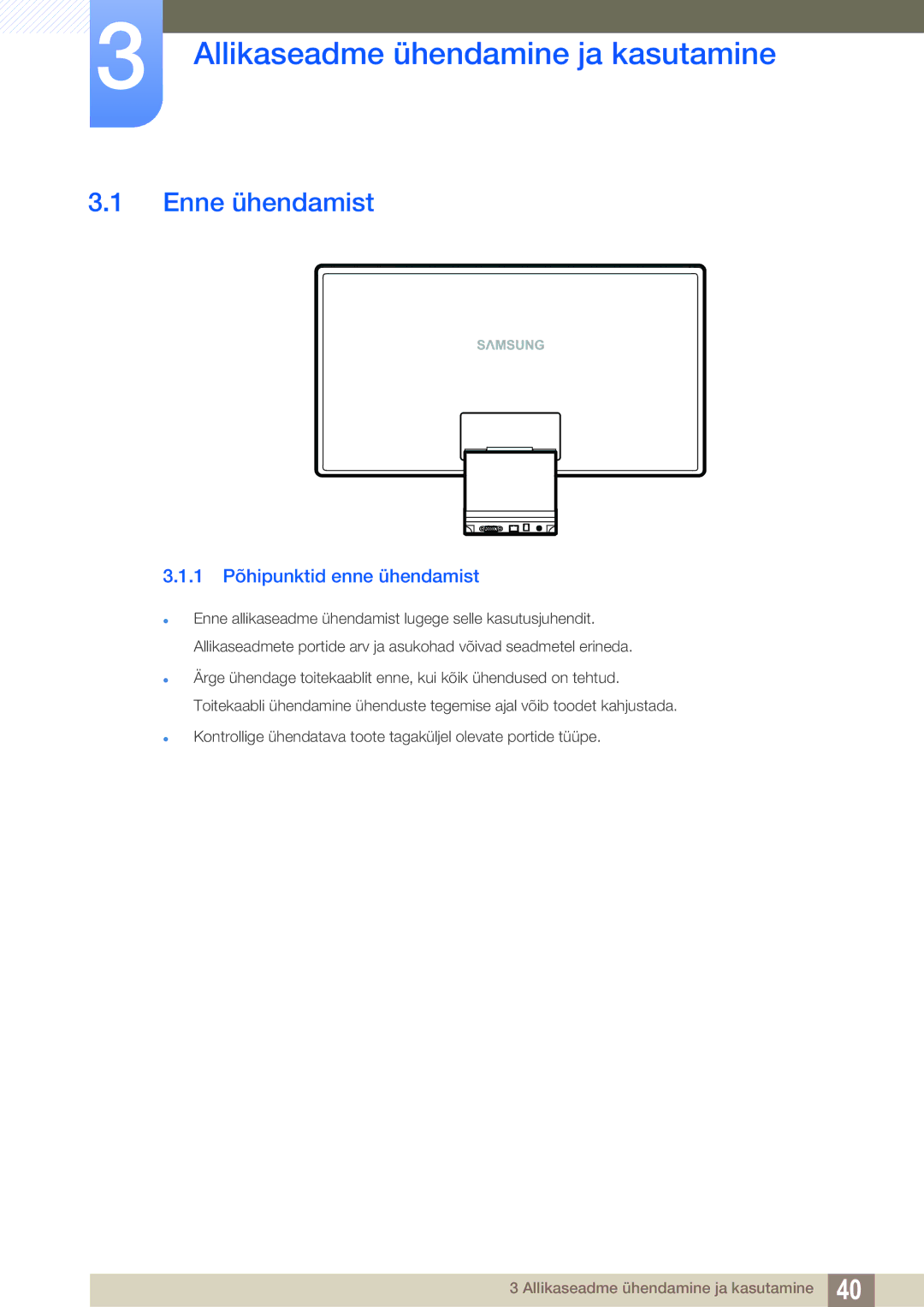 Samsung LC23A750XS/EN manual Allikaseadme ühendamine ja kasutamine, Enne ühendamist, 1 Põhipunktid enne ühendamist 