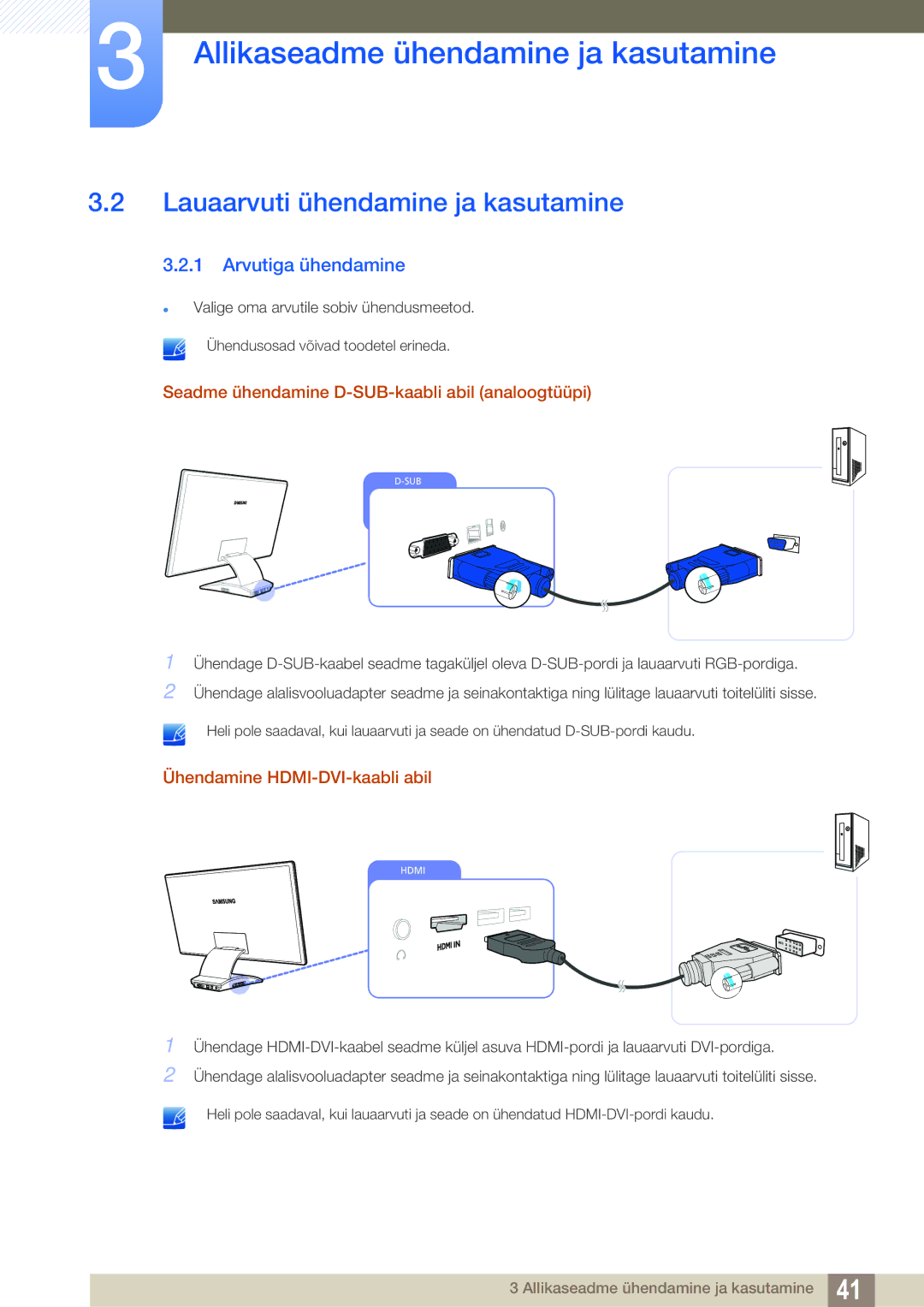 Samsung LC23A750XS/EN manual Lauaarvuti ühendamine ja kasutamine, Arvutiga ühendamine, Ühendamine HDMI-DVI-kaabli abil 