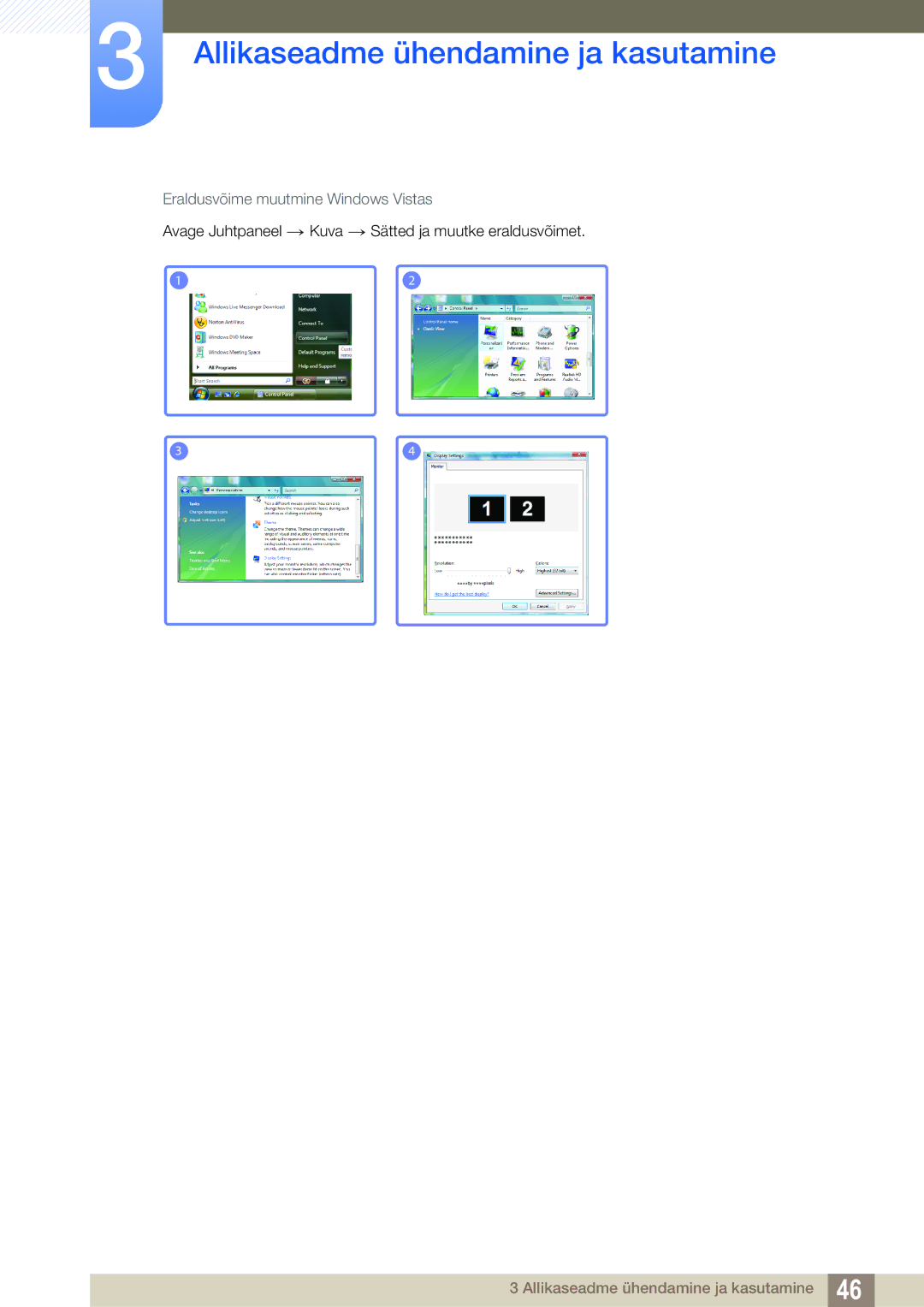 Samsung LC23A750XS/EN manual Eraldusvõime muutmine Windows Vistas 