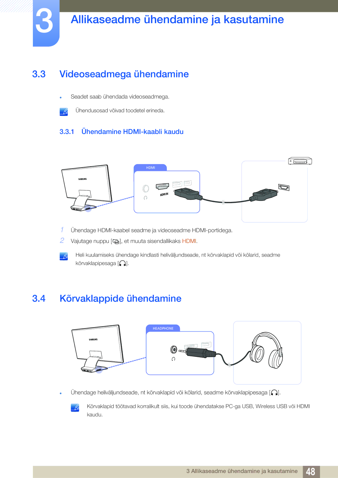 Samsung LC23A750XS/EN manual Videoseadmega ühendamine, Kõrvaklappide ühendamine, 1 Ühendamine HDMI-kaabli kaudu 