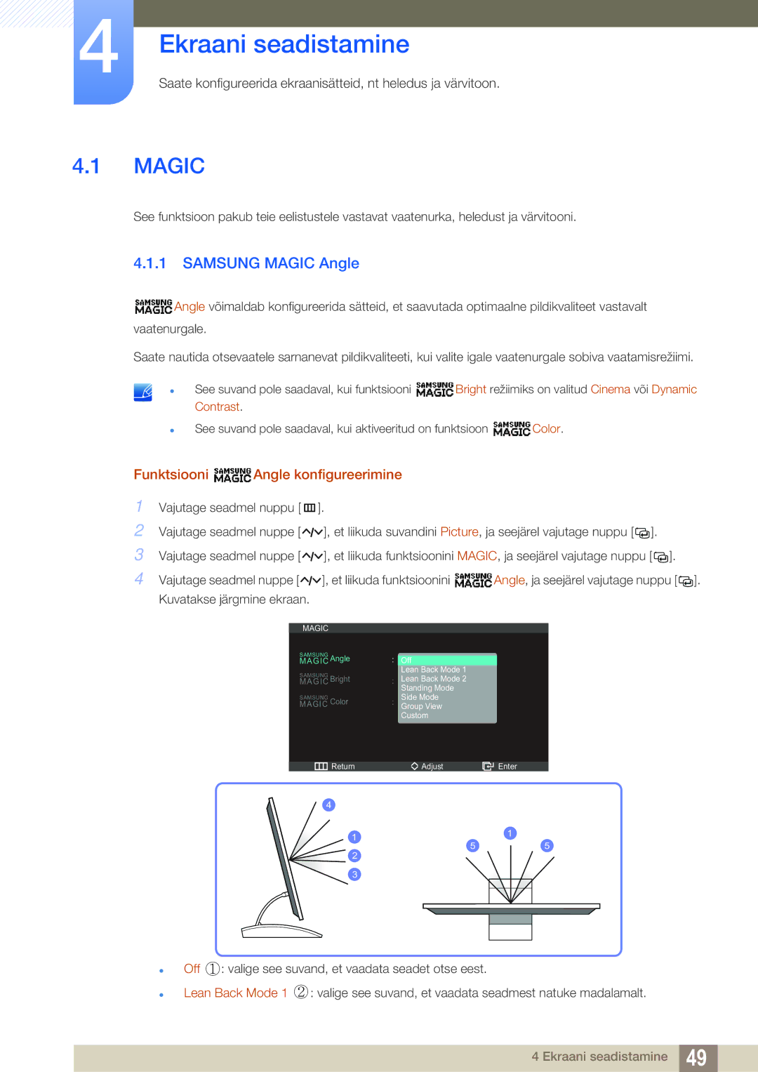 Samsung LC23A750XS/EN manual Ekraani seadistamine, Samsung Magic Angle, Funktsiooni Angle konfigureerimine 