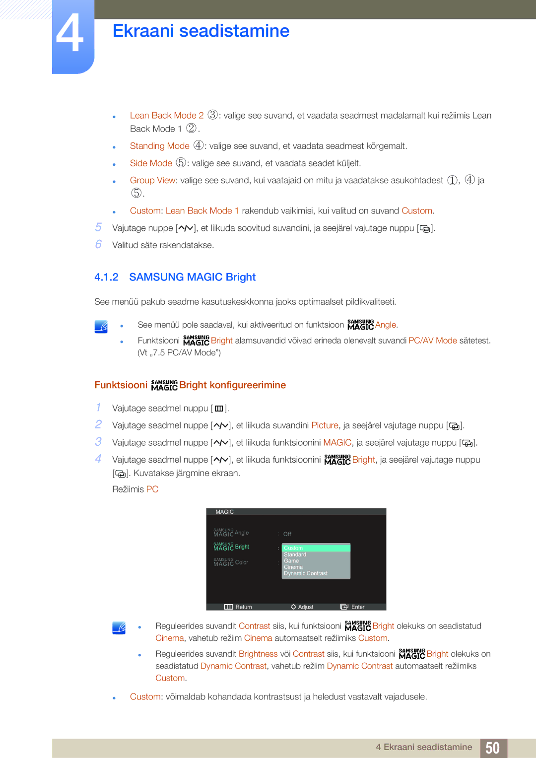Samsung LC23A750XS/EN manual Samsung Magic Bright, Funktsiooni Bright konfigureerimine 