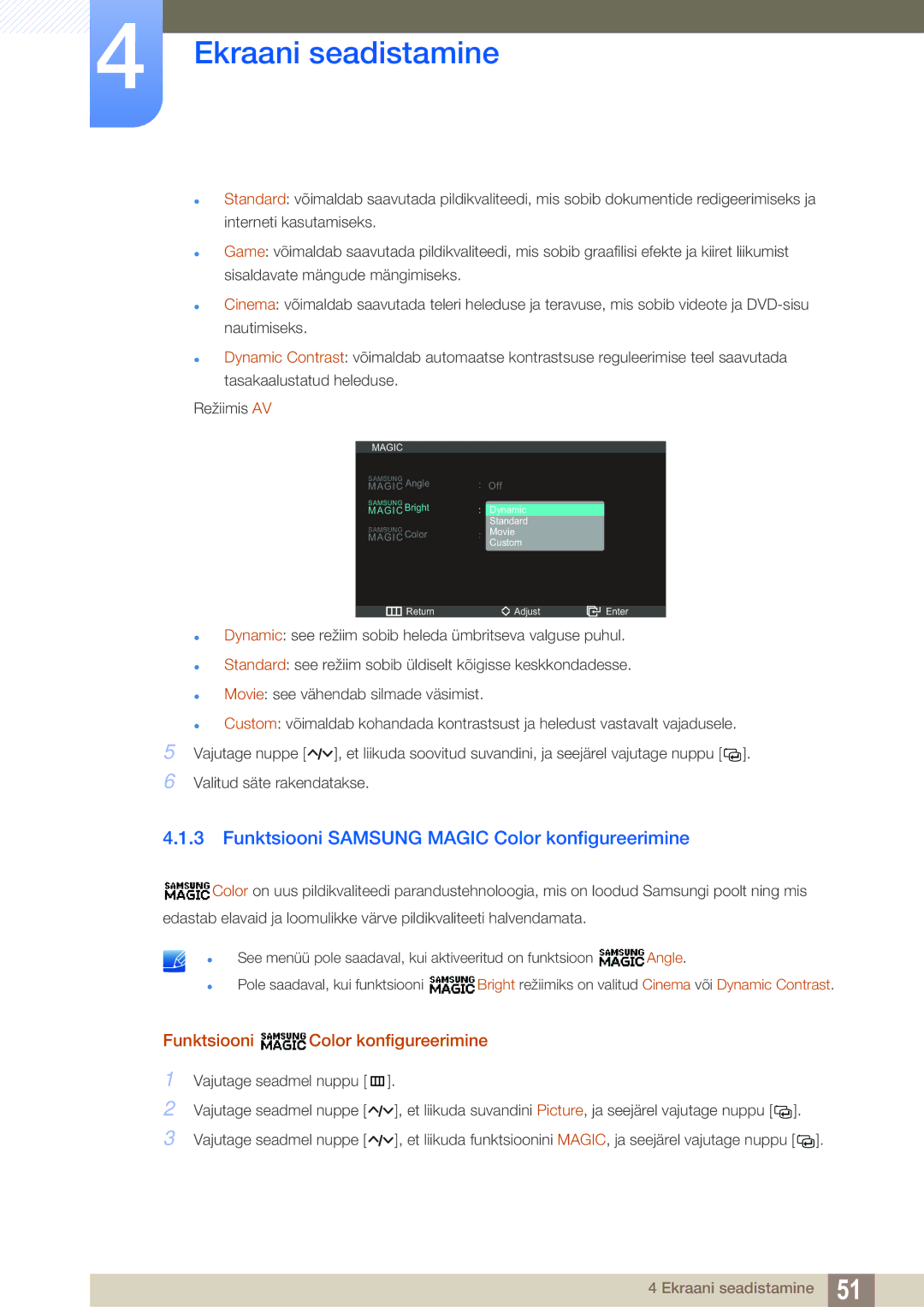 Samsung LC23A750XS/EN manual Funktsiooni Samsung Magic Color konfigureerimine, Funktsiooni Color konfigureerimine 