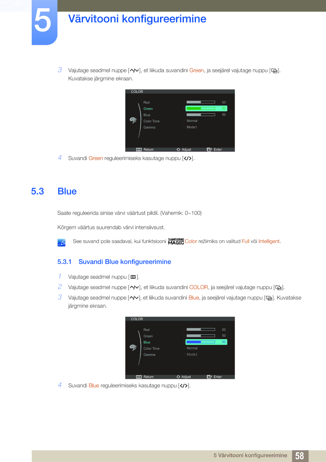 Samsung LC23A750XS/EN manual Suvandi Blue konfigureerimine 