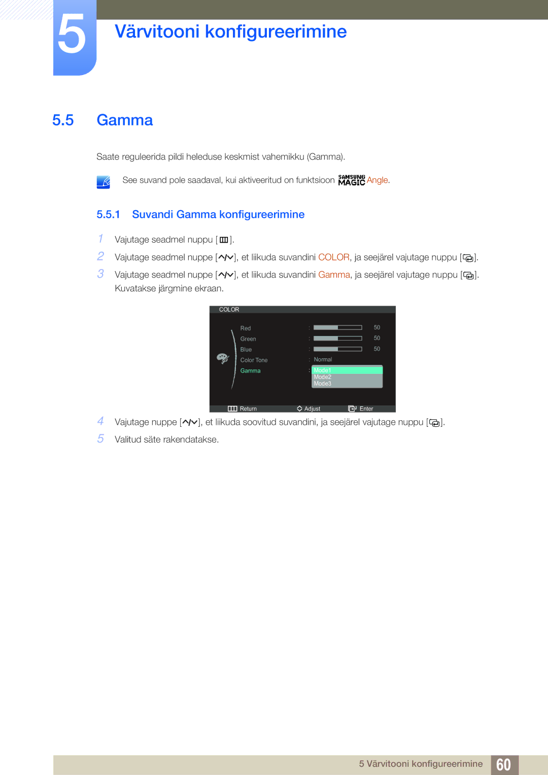 Samsung LC23A750XS/EN manual Suvandi Gamma konfigureerimine 