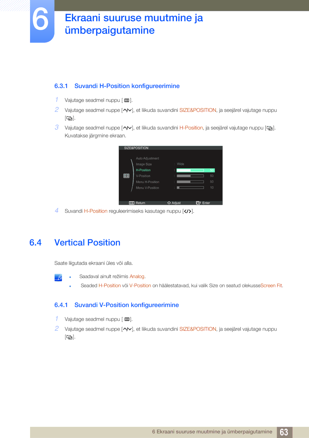 Samsung LC23A750XS/EN manual Vertical Position, Suvandi H-Position konfigureerimine, Suvandi V-Position konfigureerimine 