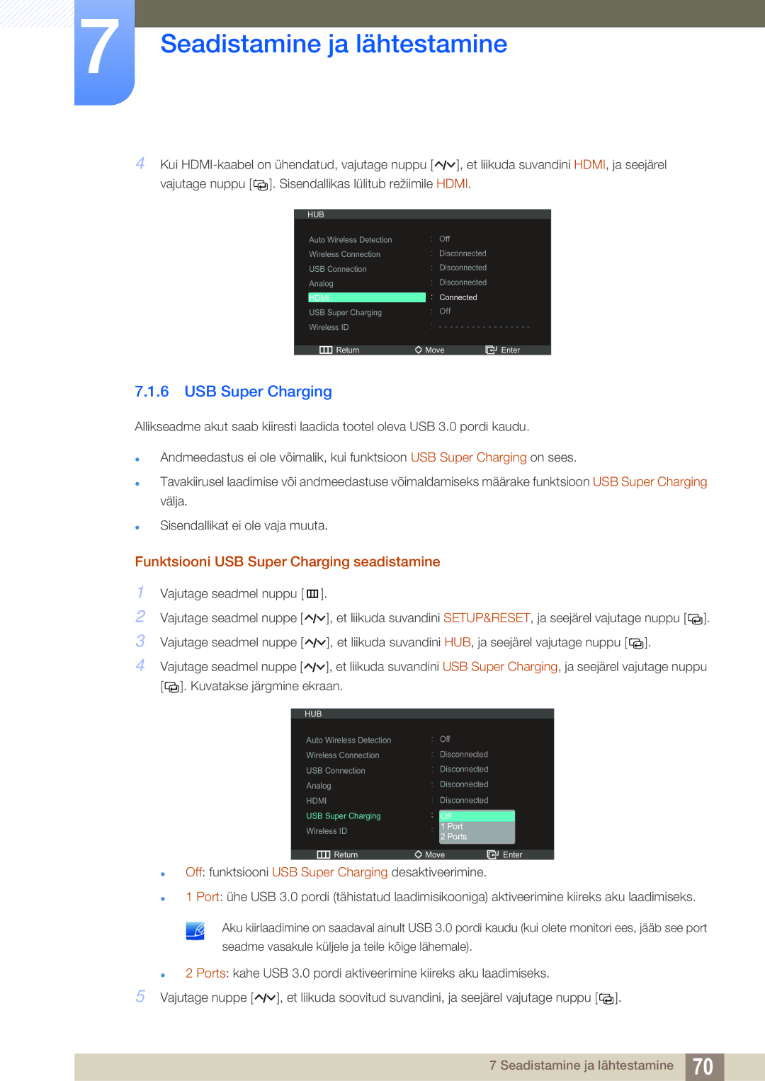 Samsung LC23A750XS/EN manual Funktsiooni USB Super Charging seadistamine 