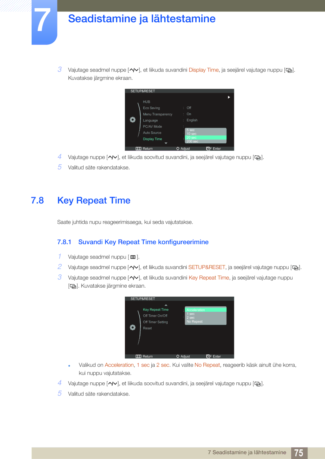 Samsung LC23A750XS/EN manual Suvandi Key Repeat Time konfigureerimine 