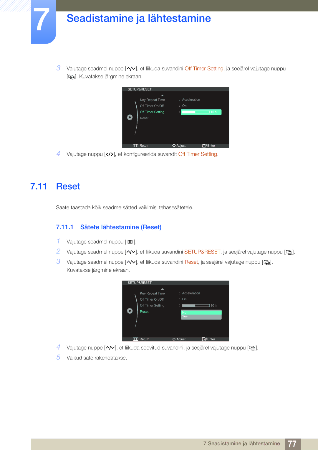 Samsung LC23A750XS/EN manual 11.1 Sätete lähtestamine Reset 