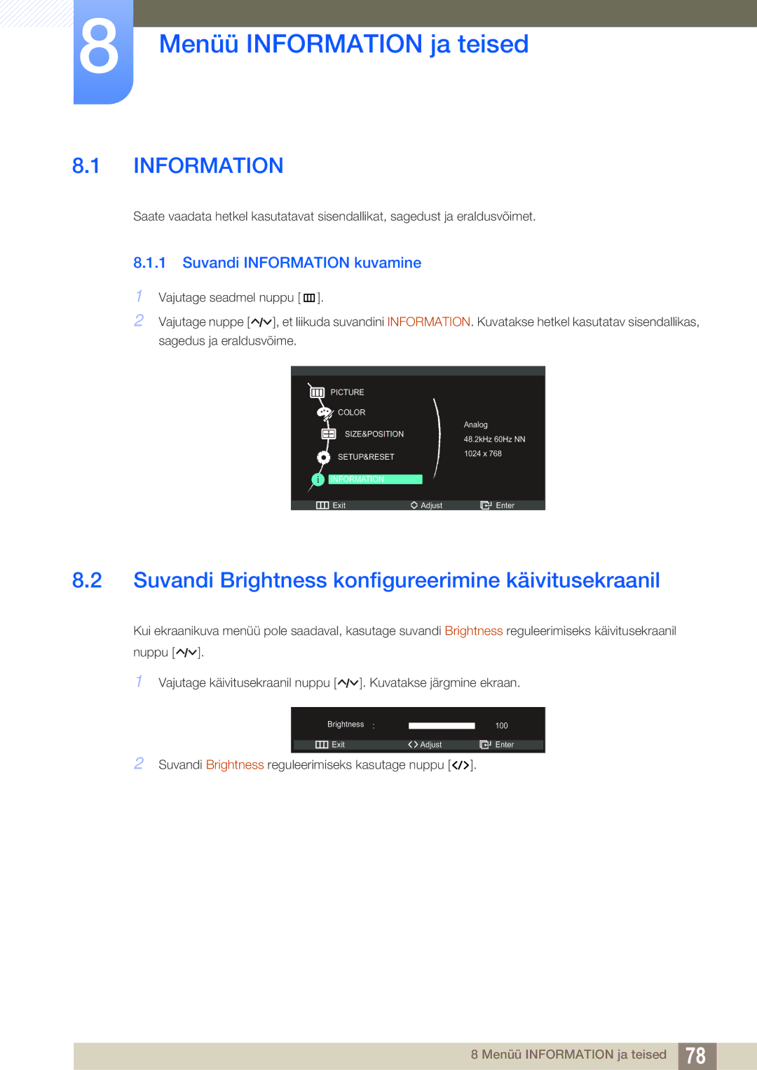 Samsung LC23A750XS/EN manual Menüü Information ja teised, Suvandi Brightness konfigureerimine käivitusekraanil 