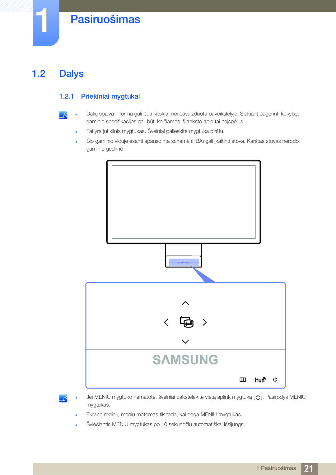 Samsung LC23A750XS/EN manual Dalys, Priekiniai mygtukai 