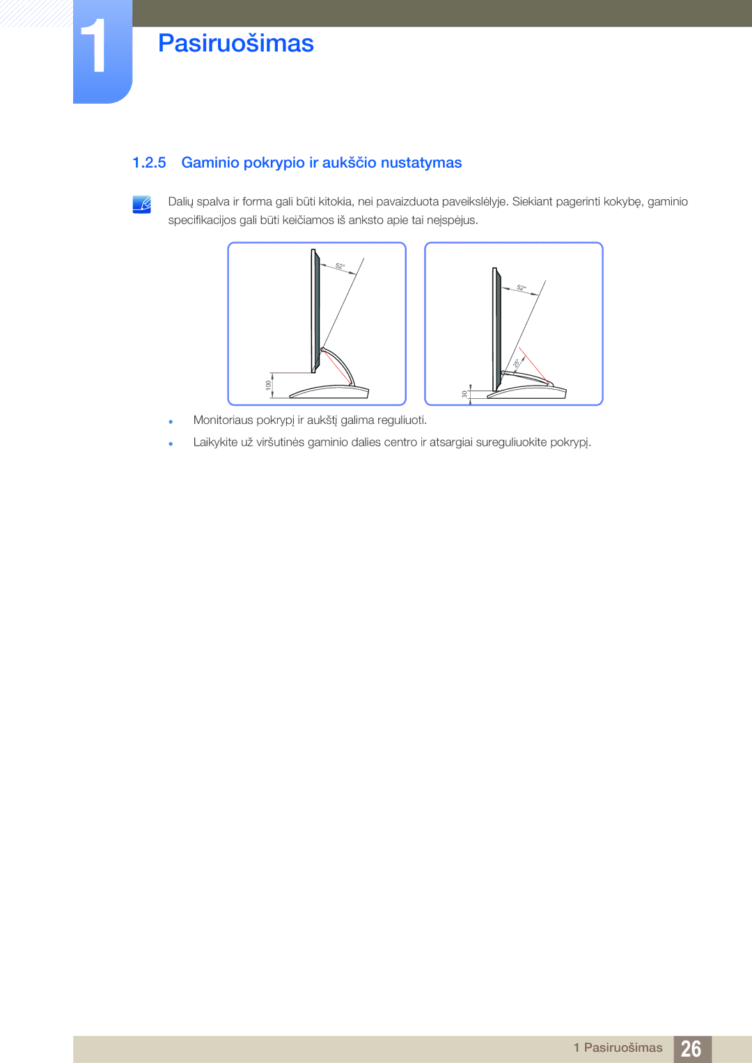 Samsung LC23A750XS/EN manual Gaminio pokrypio ir aukščio nustatymas 